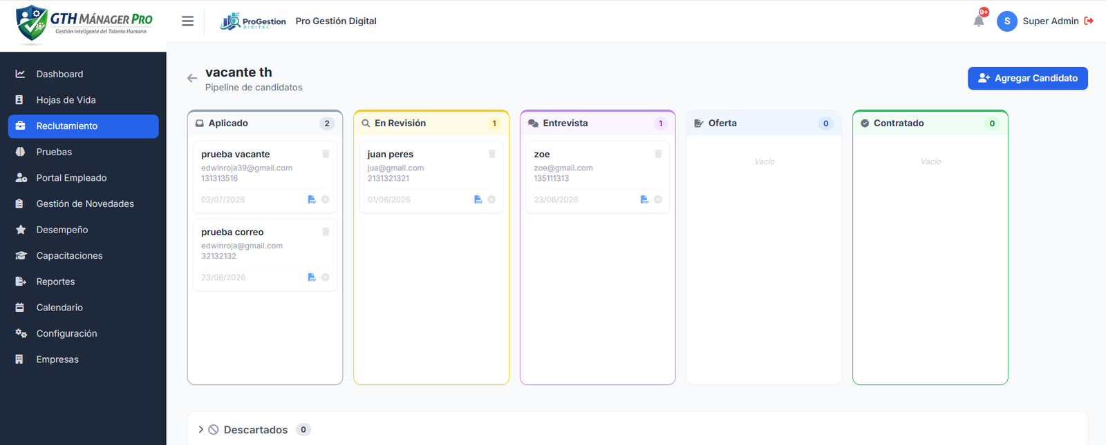 Tablero Kanban de reclutamiento con pipeline visual de candidatos