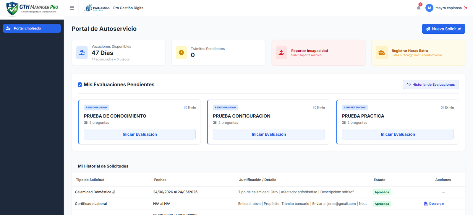 Portal de autoservicio del empleado en GTH Manager Pro